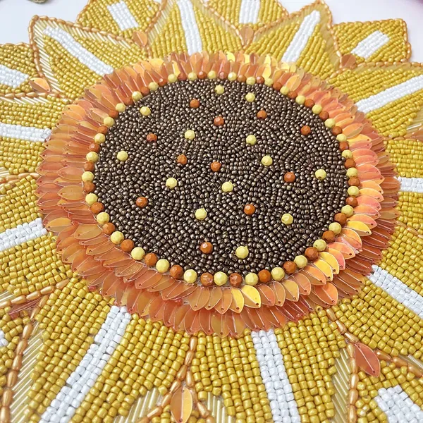 Yellow_Poleyster_Placemats,_Beaded_Design,14_Inch_Golden_Sun_Flower_Pattern,_Best_For_Bed-Side_Table/Center_Table,_Dining_Table/Shelves