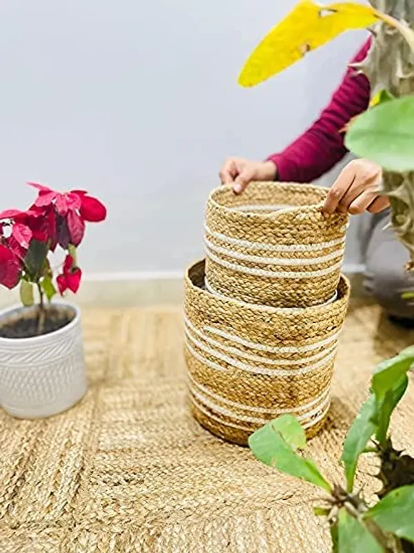 Multicolor_Jute_Cotton_Fruit_Basket_Handcrafted_Woven_Storage_Planter_Basket_For_Home_Decor,_Multi-Purpose_Bag_With_Handle_For_Living_Room_Bathroom_Laundry_Toys_Beige_&_White_(8X8,)_Combo_Set_Of_2