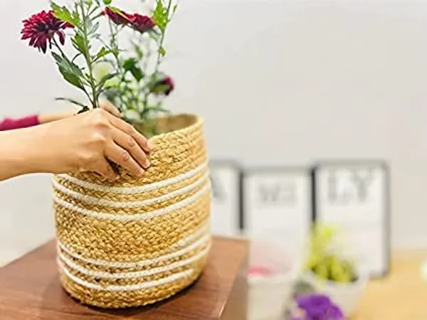 Multicolor_Jute_Cotton_Fruit_Basket_Handcrafted_Woven_Storage_Planter_Basket_For_Home_Decor,_Multi-Purpose_Bag_With_Handle_For_Living_Room_Bathroom_Laundry_Toys_Beige_&_White_(8X8,)_Combo_Set_Of_2