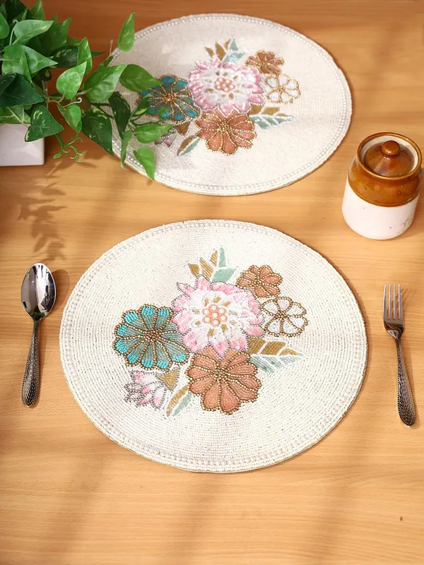 Firozi_Poleyster_Placemats,_Beaded_Design,14_Inch_Gulmohar_Floral_Pattern,_Best_For_Bed-Side_Table/Center_Table,_Dining_Table/Shelves_Pack_Of_2