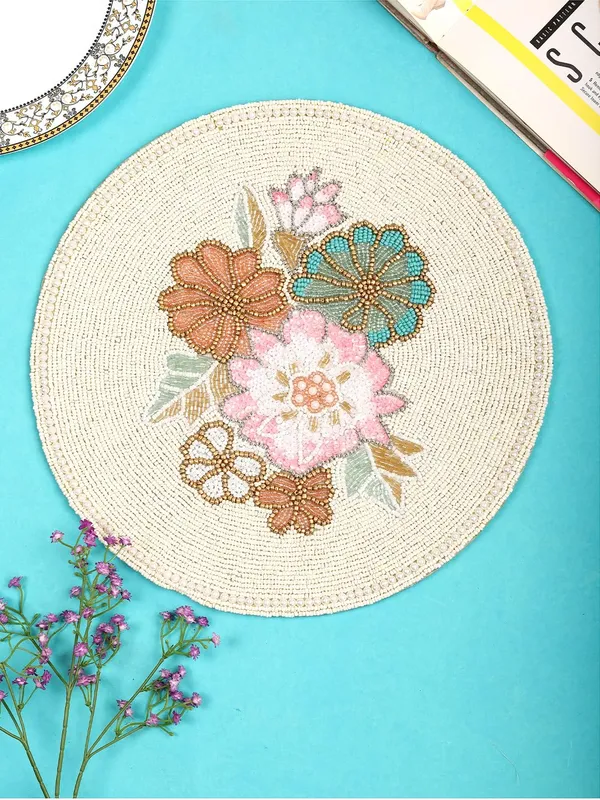 Firozi_Poleyster_Placemats,_Beaded_Design,14_Inch_Gulmohar_Floral_Pattern,_Best_For_Bed-Side_Table/Center_Table,_Dining_Table/Shelves_Pack_Of_2