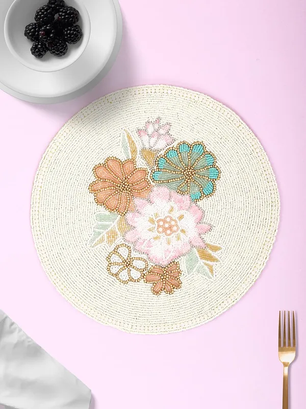 Firozi_Poleyster_Placemats,_Beaded_Design,14_Inch_Gulmohar_Floral_Pattern,_Best_For_Bed-Side_Table/Center_Table,_Dining_Table/Shelves_Pack_Of_2