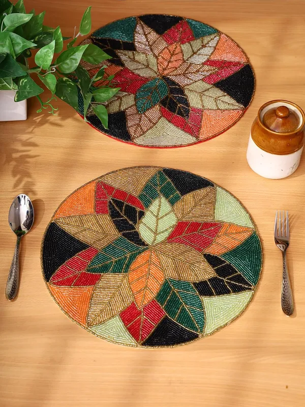 Firozi_Poleyster_Placemats,_Beaded_Design,14_Inch_Gulmohar_Floral_Pattern,_Best_For_Bed-Side_Table/Center_Table,_Dining_Table/Shelves_Pack_Of_2