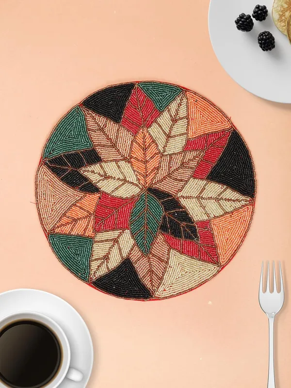 Firozi_Poleyster_Placemats,_Beaded_Design,14_Inch_Gulmohar_Floral_Pattern,_Best_For_Bed-Side_Table/Center_Table,_Dining_Table/Shelves_Pack_Of_2