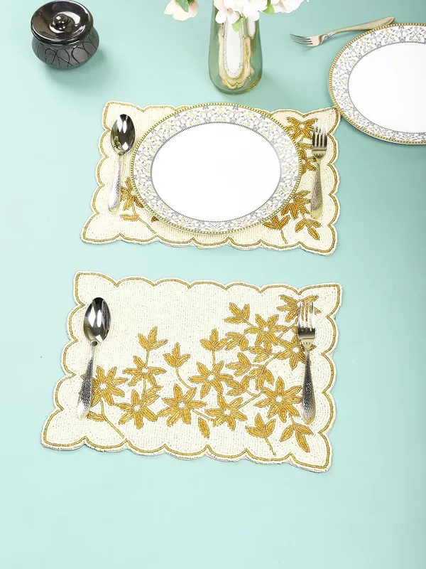 Firozi_Poleyster_Placemats,_Beaded_Design,14_Inch_Gulmohar_Floral_Pattern,_Best_For_Bed-Side_Table/Center_Table,_Dining_Table/Shelves_Pack_Of_2
