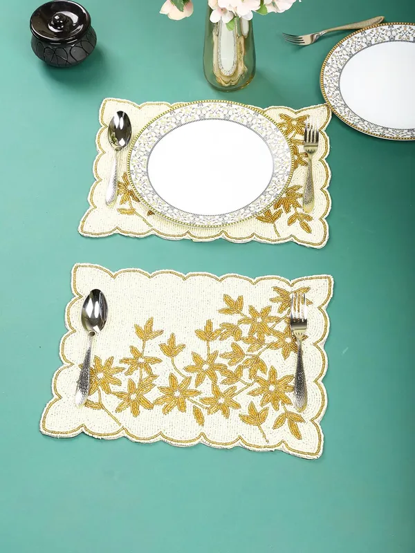 Firozi_Poleyster_Placemats,_Beaded_Design,14_Inch_Gulmohar_Floral_Pattern,_Best_For_Bed-Side_Table/Center_Table,_Dining_Table/Shelves_Pack_Of_2