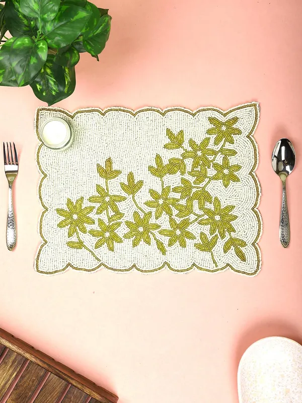 Firozi_Poleyster_Placemats,_Beaded_Design,14_Inch_Gulmohar_Floral_Pattern,_Best_For_Bed-Side_Table/Center_Table,_Dining_Table/Shelves_Pack_Of_2