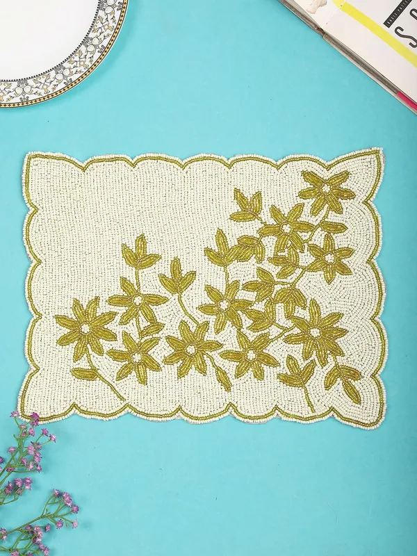 Firozi_Poleyster_Placemats,_Beaded_Design,14_Inch_Gulmohar_Floral_Pattern,_Best_For_Bed-Side_Table/Center_Table,_Dining_Table/Shelves_Pack_Of_2