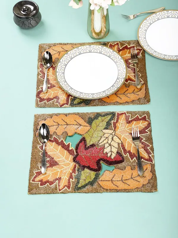 Firozi_Poleyster_Placemats,_Beaded_Design,14_Inch_Gulmohar_Floral_Pattern,_Best_For_Bed-Side_Table/Center_Table,_Dining_Table/Shelves_Pack_Of_2