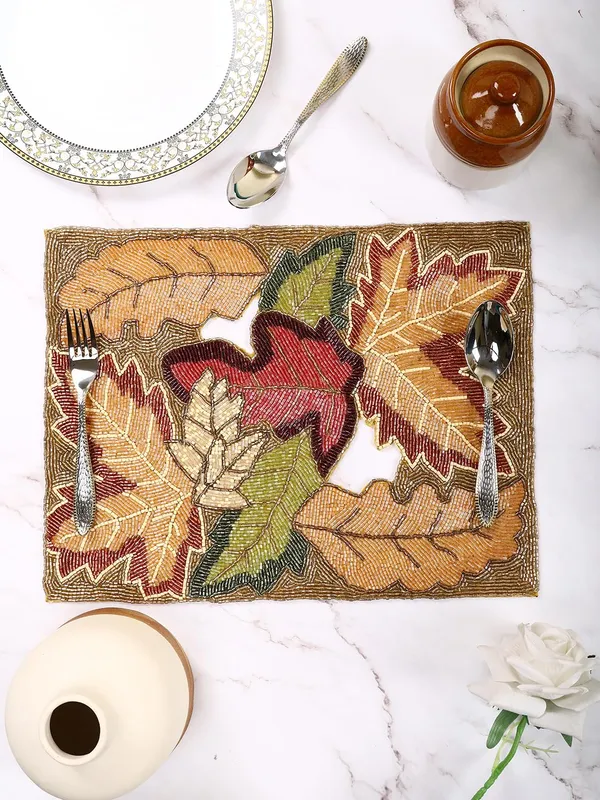 Firozi_Poleyster_Placemats,_Beaded_Design,14_Inch_Gulmohar_Floral_Pattern,_Best_For_Bed-Side_Table/Center_Table,_Dining_Table/Shelves_Pack_Of_2