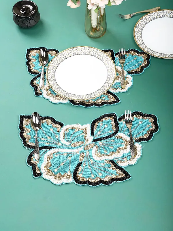 Firozi_Poleyster_Placemats,_Beaded_Design,14_Inch_Gulmohar_Floral_Pattern,_Best_For_Bed-Side_Table/Center_Table,_Dining_Table/Shelves_Pack_Of_2