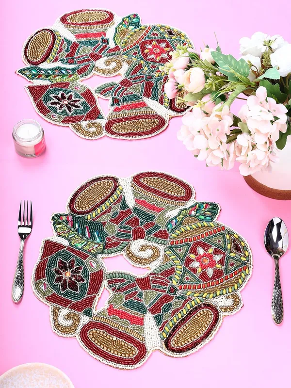 Firozi_Poleyster_Placemats,_Beaded_Design,14_Inch_Gulmohar_Floral_Pattern,_Best_For_Bed-Side_Table/Center_Table,_Dining_Table/Shelves_Pack_Of_2