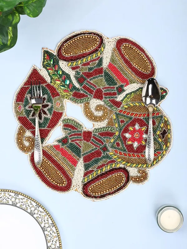 Firozi_Poleyster_Placemats,_Beaded_Design,14_Inch_Gulmohar_Floral_Pattern,_Best_For_Bed-Side_Table/Center_Table,_Dining_Table/Shelves_Pack_Of_2