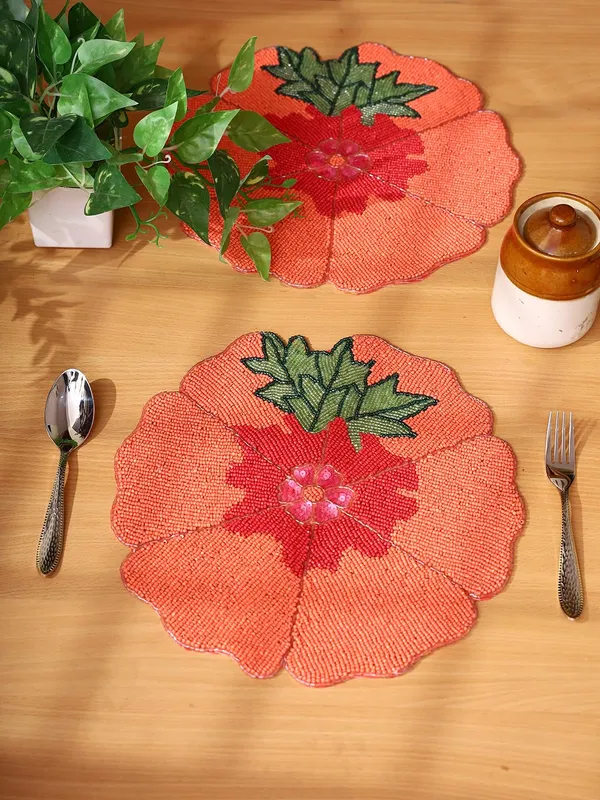 Firozi_Poleyster_Placemats,_Beaded_Design,14_Inch_Gulmohar_Floral_Pattern,_Best_For_Bed-Side_Table/Center_Table,_Dining_Table/Shelves_Pack_Of_2