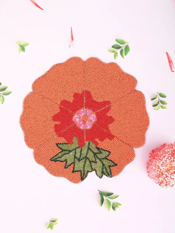 Firozi_Poleyster_Placemats,_Beaded_Design,14_Inch_Gulmohar_Floral_Pattern,_Best_For_Bed-Side_Table/Center_Table,_Dining_Table/Shelves_Pack_Of_2
