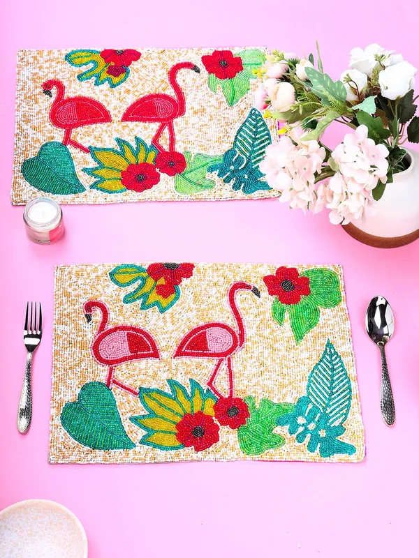 Firozi_Poleyster_Placemats,_Beaded_Design,14_Inch_Gulmohar_Floral_Pattern,_Best_For_Bed-Side_Table/Center_Table,_Dining_Table/Shelves_Pack_Of_2
