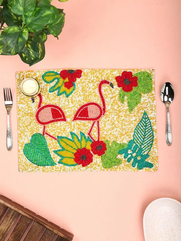 Firozi_Poleyster_Placemats,_Beaded_Design,14_Inch_Gulmohar_Floral_Pattern,_Best_For_Bed-Side_Table/Center_Table,_Dining_Table/Shelves_Pack_Of_2