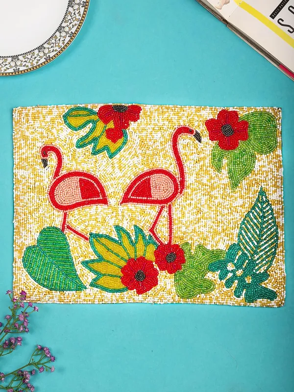 Firozi_Poleyster_Placemats,_Beaded_Design,14_Inch_Gulmohar_Floral_Pattern,_Best_For_Bed-Side_Table/Center_Table,_Dining_Table/Shelves_Pack_Of_2