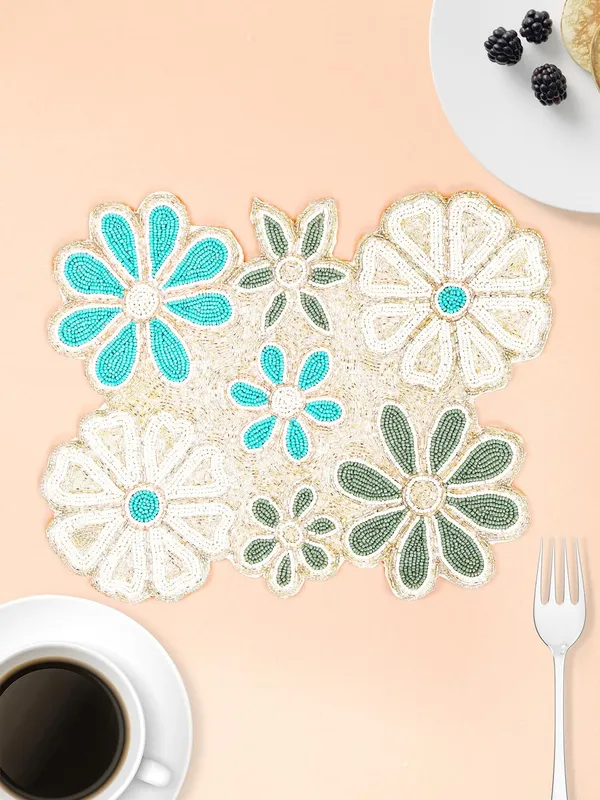 Firozi_Poleyster_Placemats,_Beaded_Design,14_Inch_Firoji_Nd_Silver_Emb.Pattern,_Best_For_Bed-Side_Table/Center_Table,_Dining_Table/Shelves