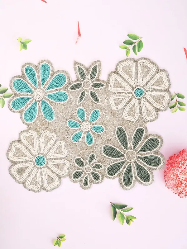 Firozi_Poleyster_Placemats,_Beaded_Design,14_Inch_Firoji_Nd_Silver_Emb.Pattern,_Best_For_Bed-Side_Table/Center_Table,_Dining_Table/Shelves