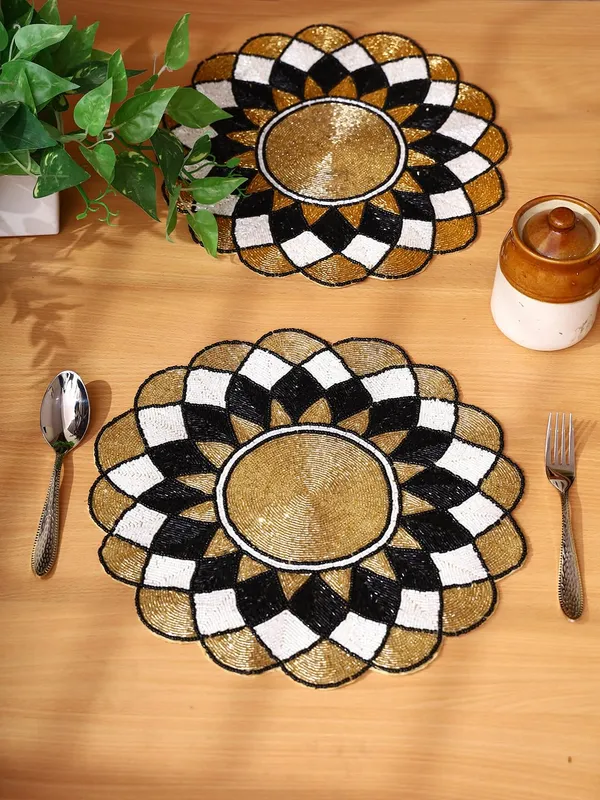 Firozi_Poleyster_Placemats,_Beaded_Design,14_Inch_Gulmohar_Floral_Pattern,_Best_For_Bed-Side_Table/Center_Table,_Dining_Table/Shelves_Pack_Of_2