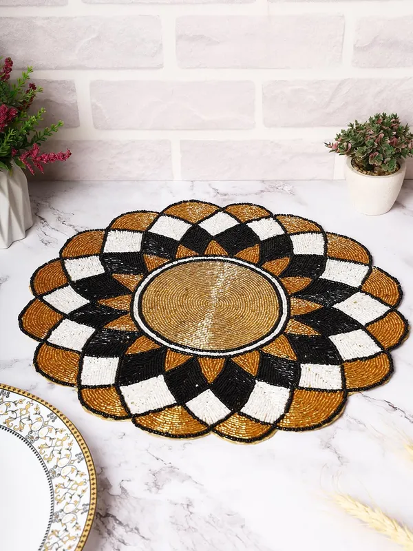 Firozi_Poleyster_Placemats,_Beaded_Design,14_Inch_Gulmohar_Floral_Pattern,_Best_For_Bed-Side_Table/Center_Table,_Dining_Table/Shelves_Pack_Of_2