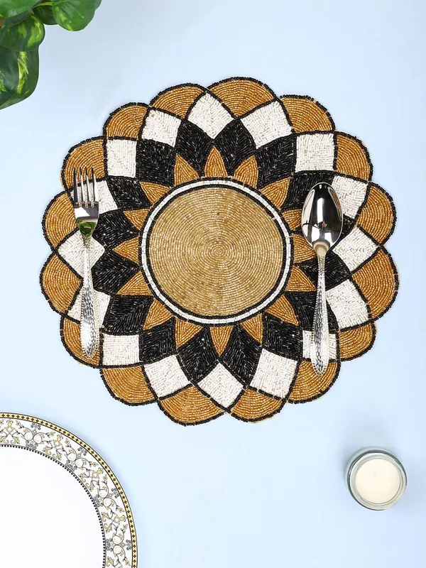 Firozi_Poleyster_Placemats,_Beaded_Design,14_Inch_Gulmohar_Floral_Pattern,_Best_For_Bed-Side_Table/Center_Table,_Dining_Table/Shelves_Pack_Of_2