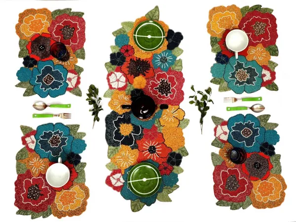 Multicolor_Best_Export_Quality_Jacquard_Cotton_Dining_Table_Mats_5_Pieces_With_Runner_-(Set_Of_5_,One_Runner_Nd_4_Placemats)_(Mats-_14"_X_12"_And_Table_Runner-_36"_X_13",)_-Multicolor_Flower