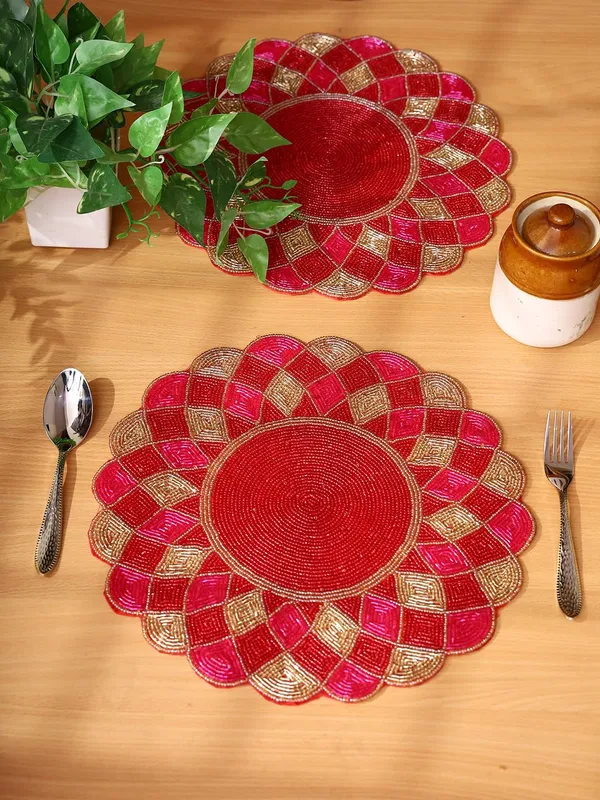 Firozi_Poleyster_Placemats,_Beaded_Design,14_Inch_Gulmohar_Floral_Pattern,_Best_For_Bed-Side_Table/Center_Table,_Dining_Table/Shelves_Pack_Of_2