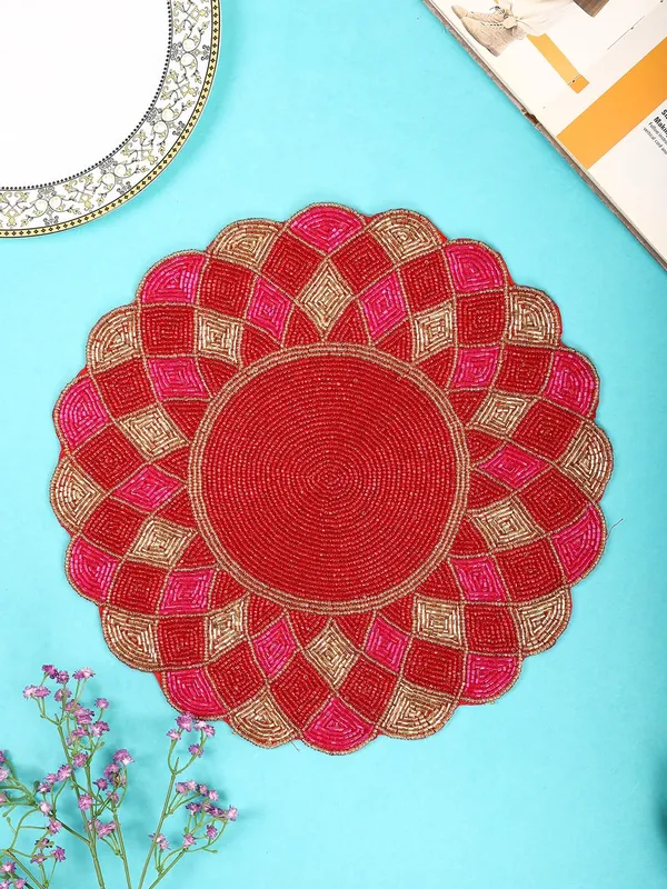 Firozi_Poleyster_Placemats,_Beaded_Design,14_Inch_Gulmohar_Floral_Pattern,_Best_For_Bed-Side_Table/Center_Table,_Dining_Table/Shelves_Pack_Of_2