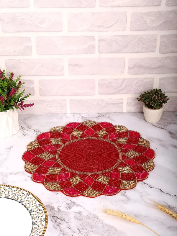 Firozi_Poleyster_Placemats,_Beaded_Design,14_Inch_Gulmohar_Floral_Pattern,_Best_For_Bed-Side_Table/Center_Table,_Dining_Table/Shelves_Pack_Of_2