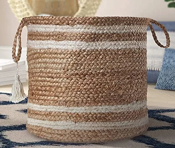 Multicolor_Jute_Cotton_Fruit_Basket_Handcrafted_Woven_Storage_Planter_Basket_For_Home_Decor,_Multi-Purpose_Bag_With_Handle_For_Living_Room_Bathroom_Laundry_Toys_(8X12),(White&Beige)_Set_Of_1