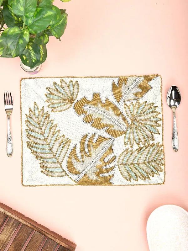 Firozi_Beaded_Placemats_With_A_14_Inch_Gloden_Leaf_Pattern_And_A_Beaded_Design_Work_Best_On_Dining_Tables_And_Bedside_Tables.