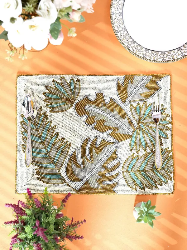 Firozi_Beaded_Placemats_With_A_14_Inch_Gloden_Leaf_Pattern_And_A_Beaded_Design_Work_Best_On_Dining_Tables_And_Bedside_Tables.