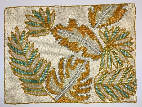 Firozi_Beaded_Placemats_With_A_14_Inch_Gloden_Leaf_Pattern_And_A_Beaded_Design_Work_Best_On_Dining_Tables_And_Bedside_Tables.