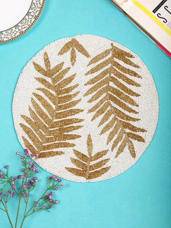 Firozi_Poleyster_Placemats,_Beaded_Design,14_Inch_Gulmohar_Floral_Pattern,_Best_For_Bed-Side_Table/Center_Table,_Dining_Table/Shelves_Pack_Of_2_M0-044