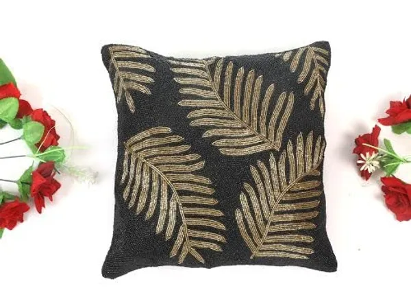 Multicolor_Printed_Cushions_&_Pillows_Case_Beaded_Floral_Pattern_(40.64_Cm*40.64_Cm)_Black_&_Golden_Leaf