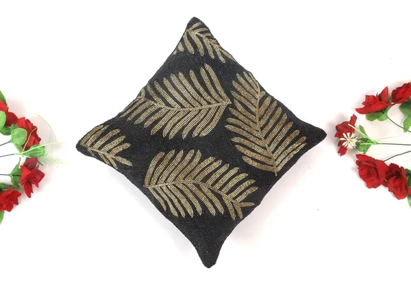Multicolor_Printed_Cushions_&_Pillows_Case_Beaded_Floral_Pattern_(40.64_Cm*40.64_Cm)_Black_&_Golden_Leaf