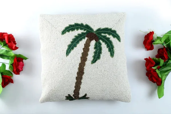 White_&_Pink_Satin_400Tc_Decorative_Pillowcover,16_X_16_Inches_Green_Pam_Tree_Pattern,1_Piece