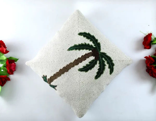 White_&_Pink_Satin_400Tc_Decorative_Pillowcover,16_X_16_Inches_Green_Pam_Tree_Pattern,1_Piece
