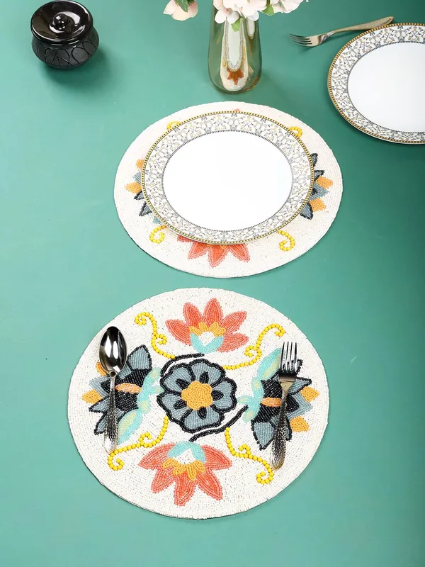 Firozi_Poleyster_Placemats,_Beaded_Design,14_Inch_Gulmohar_Floral_Pattern,_Best_For_Bed-Side_Table/Center_Table,_Dining_Table/Shelves_Pack_Of_2