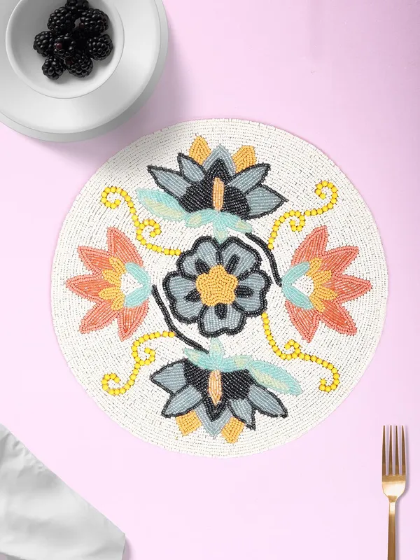 Firozi_Poleyster_Placemats,_Beaded_Design,14_Inch_Gulmohar_Floral_Pattern,_Best_For_Bed-Side_Table/Center_Table,_Dining_Table/Shelves_Pack_Of_2