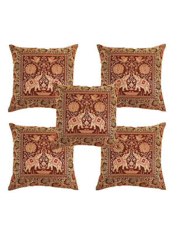Multi_Silk_Brocade_Embroidery_Silk_Cushion_Nd_Pillow_Covers_(16_X16_Inch)_For_Sofa_Bedroom_Bedroom,_Living_Room,_Office_(Multicolor_Red)_Pack_Of_5_Double_Elephant_Pattern