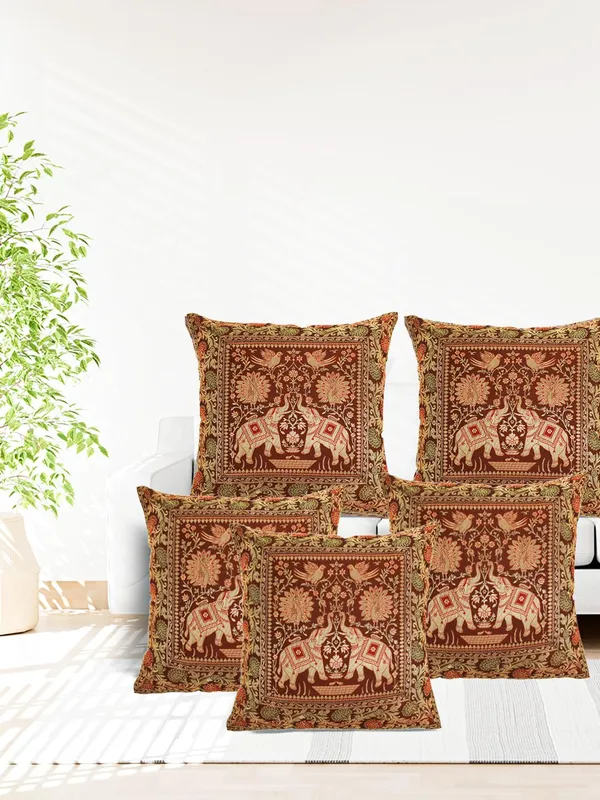 Multi_Silk_Brocade_Embroidery_Silk_Cushion_Nd_Pillow_Covers_(16_X16_Inch)_For_Sofa_Bedroom_Bedroom,_Living_Room,_Office_(Multicolor_Red)_Pack_Of_5_Double_Elephant_Pattern