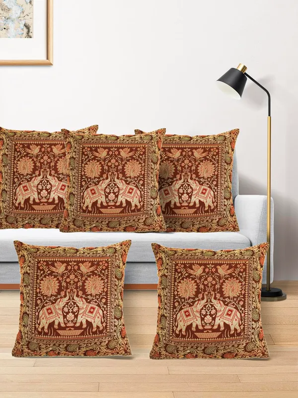 Multi_Silk_Brocade_Embroidery_Silk_Cushion_Nd_Pillow_Covers_(16_X16_Inch)_For_Sofa_Bedroom_Bedroom,_Living_Room,_Office_(Multicolor_Red)_Pack_Of_5_Double_Elephant_Pattern