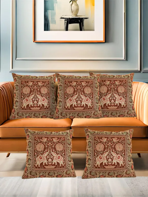 Multi_Silk_Brocade_Embroidery_Silk_Cushion_Nd_Pillow_Covers_(16_X16_Inch)_For_Sofa_Bedroom_Bedroom,_Living_Room,_Office_(Multicolor_Red)_Pack_Of_5_Double_Elephant_Pattern