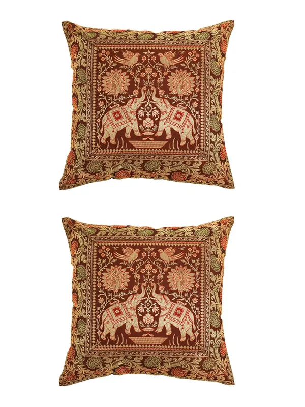 Multi_Silk_Brocade_Embroidery_Silk_Cushion_Nd_Pillow_Covers_(16_X16_Inch)_For_Sofa_Bedroom_Bedroom,_Living_Room,_Office_(Multicolor_Red)_Pack_Of_5_Double_Elephant_Pattern