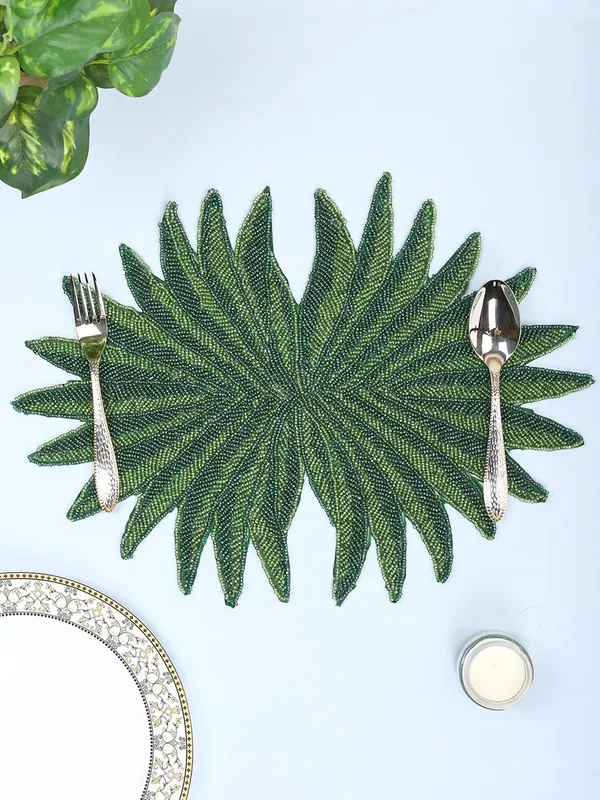 Firozi_Poleyster_Placemats,_Beaded_Design,14_Inch_Green_Leaf_Emb._Pattern,_Best_For_Bed-Side_Table/Center_Table,_Dining_Table/Shelves