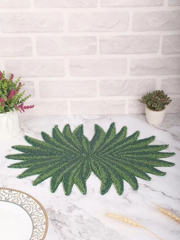 Firozi_Poleyster_Placemats,_Beaded_Design,14_Inch_Green_Leaf_Emb._Pattern,_Best_For_Bed-Side_Table/Center_Table,_Dining_Table/Shelves