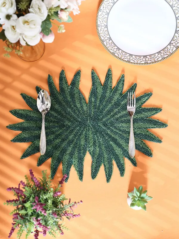 Firozi_Poleyster_Placemats,_Beaded_Design,14_Inch_Green_Leaf_Emb._Pattern,_Best_For_Bed-Side_Table/Center_Table,_Dining_Table/Shelves